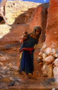 Mère et enfant dans El Kantara Eugene Girardet Orientalist Peinture à l'huile